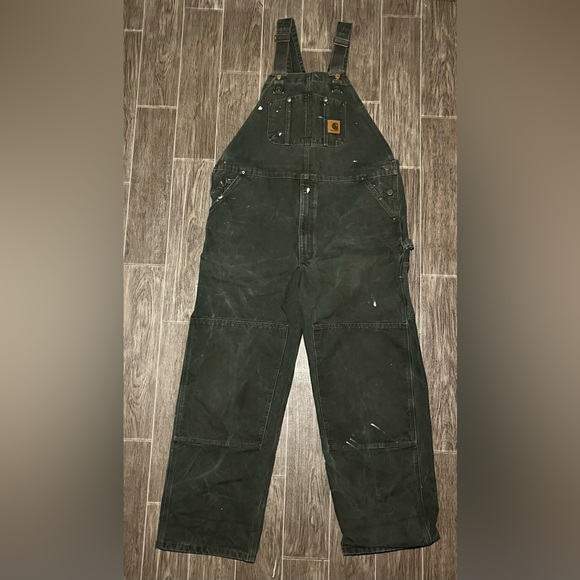 VTG Carhartt Double Knee Duck Canvas Bib Overalls R06 MOS Mens 42x32 Green - Picture 2 of 10